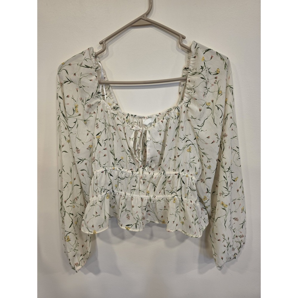 H&M Floral Peplum Blouse Women's Medium Cottagecore Long Sleeve Tie Front Top